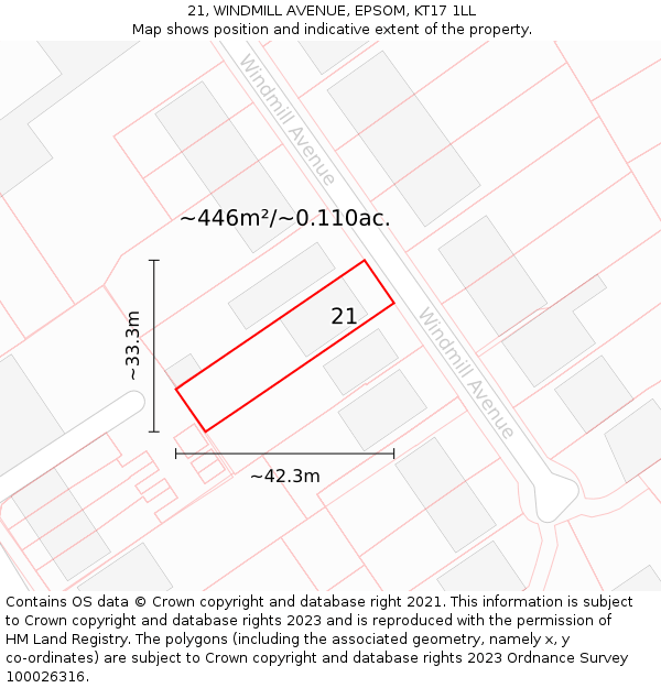 21, WINDMILL AVENUE, EPSOM, KT17 1LL: Plot and title map