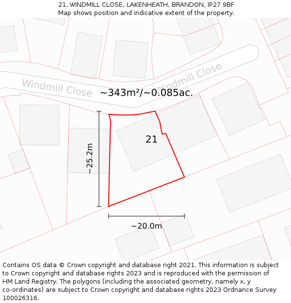 21, WINDMILL CLOSE, LAKENHEATH, BRANDON, IP27 9BF: Plot and title map