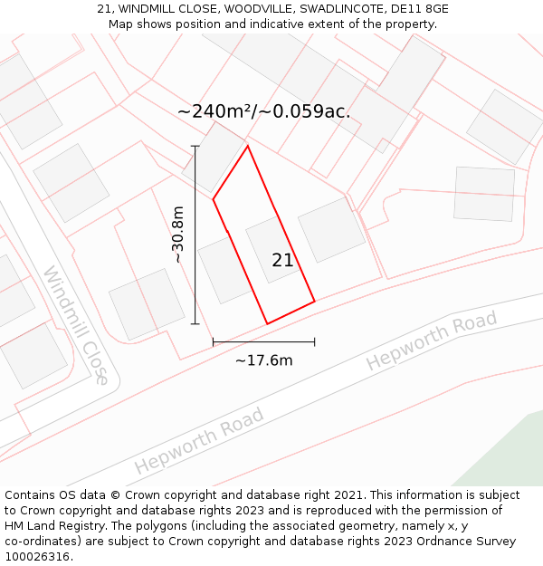 21, WINDMILL CLOSE, WOODVILLE, SWADLINCOTE, DE11 8GE: Plot and title map