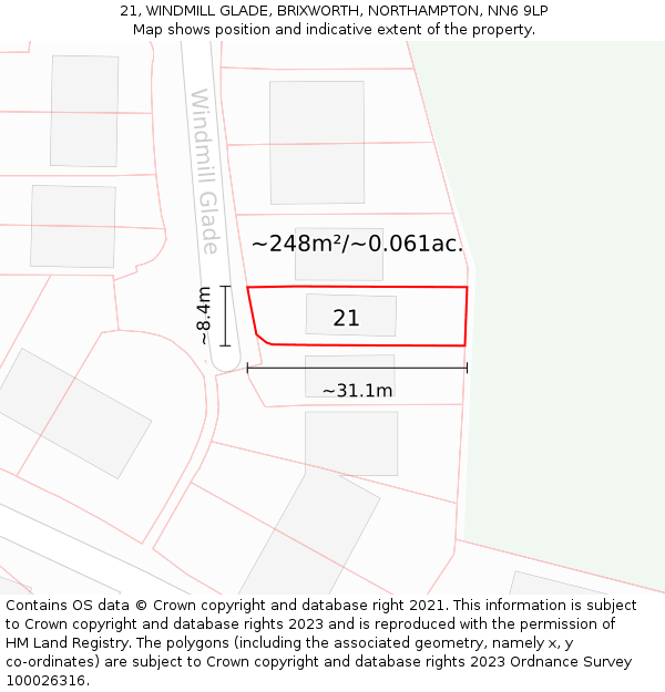 21, WINDMILL GLADE, BRIXWORTH, NORTHAMPTON, NN6 9LP: Plot and title map