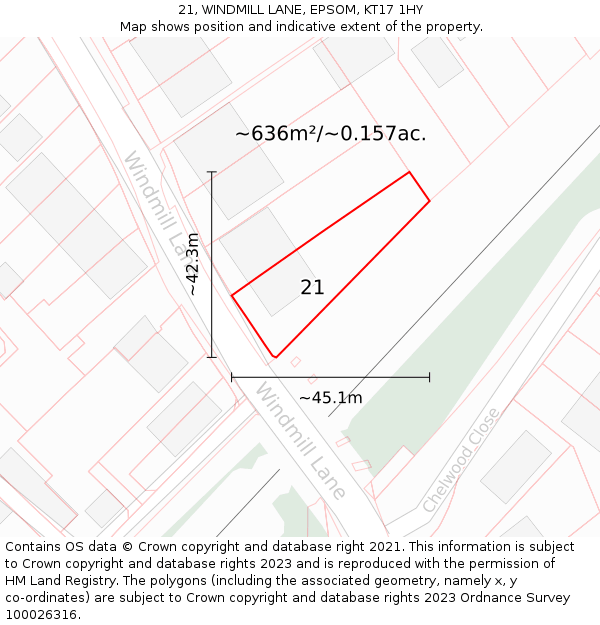 21, WINDMILL LANE, EPSOM, KT17 1HY: Plot and title map