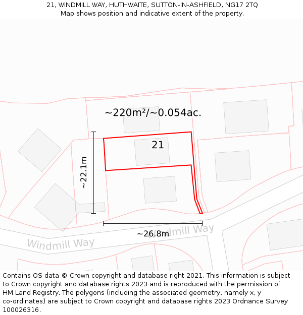 21, WINDMILL WAY, HUTHWAITE, SUTTON-IN-ASHFIELD, NG17 2TQ: Plot and title map