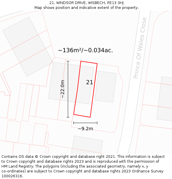 21, WINDSOR DRIVE, WISBECH, PE13 3HJ: Plot and title map