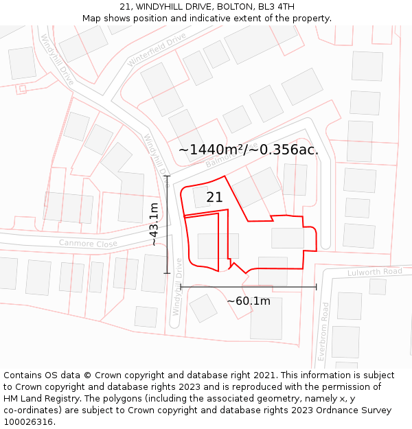 21, WINDYHILL DRIVE, BOLTON, BL3 4TH: Plot and title map