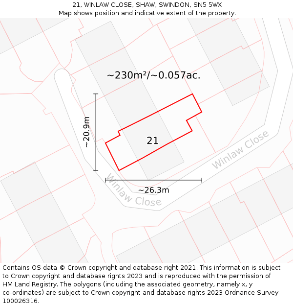 21, WINLAW CLOSE, SHAW, SWINDON, SN5 5WX: Plot and title map