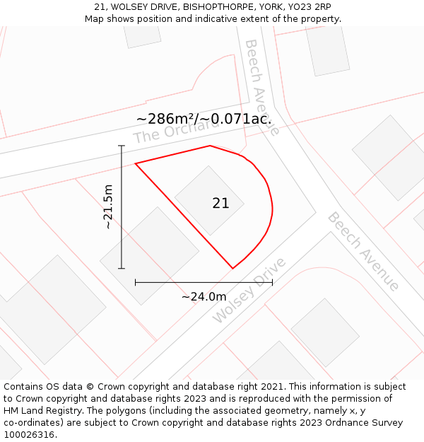 21, WOLSEY DRIVE, BISHOPTHORPE, YORK, YO23 2RP: Plot and title map