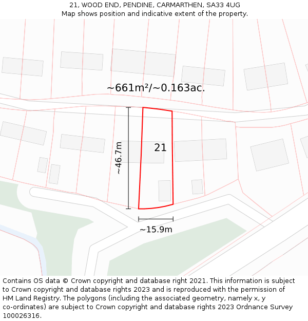 21, WOOD END, PENDINE, CARMARTHEN, SA33 4UG: Plot and title map