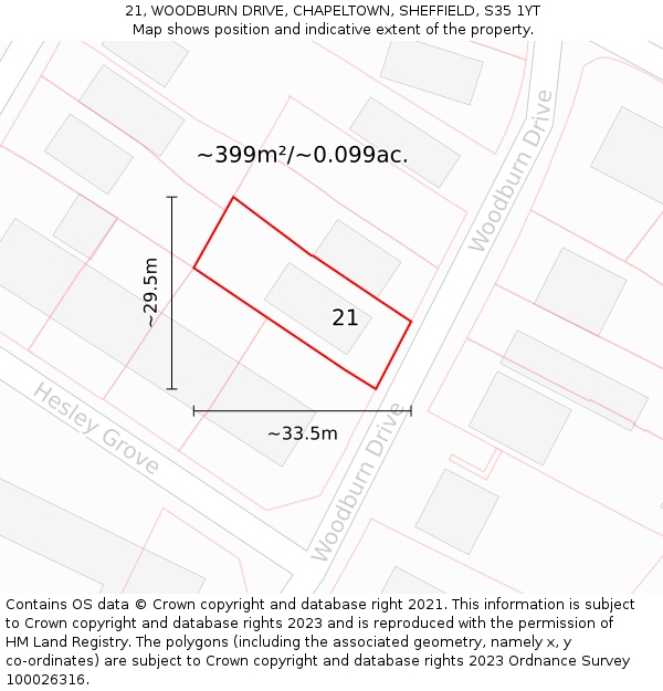 21, WOODBURN DRIVE, CHAPELTOWN, SHEFFIELD, S35 1YT: Plot and title map