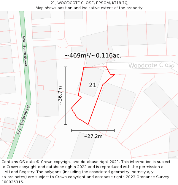 21, WOODCOTE CLOSE, EPSOM, KT18 7QJ: Plot and title map