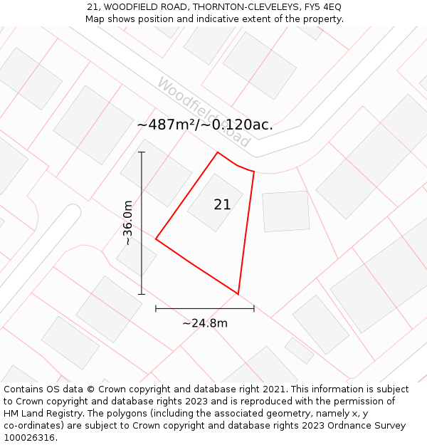 21, WOODFIELD ROAD, THORNTON-CLEVELEYS, FY5 4EQ: Plot and title map