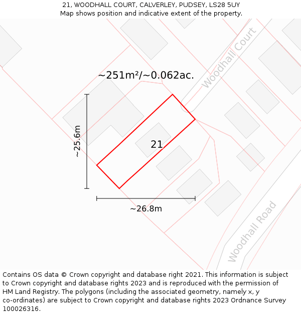 21, WOODHALL COURT, CALVERLEY, PUDSEY, LS28 5UY: Plot and title map