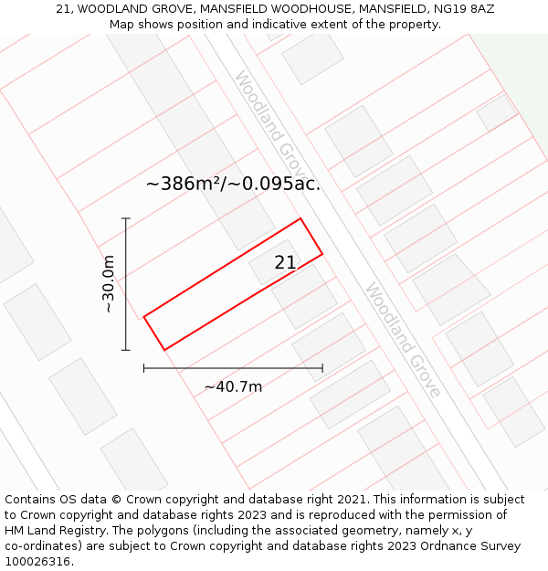 21, WOODLAND GROVE, MANSFIELD WOODHOUSE, MANSFIELD, NG19 8AZ: Plot and title map