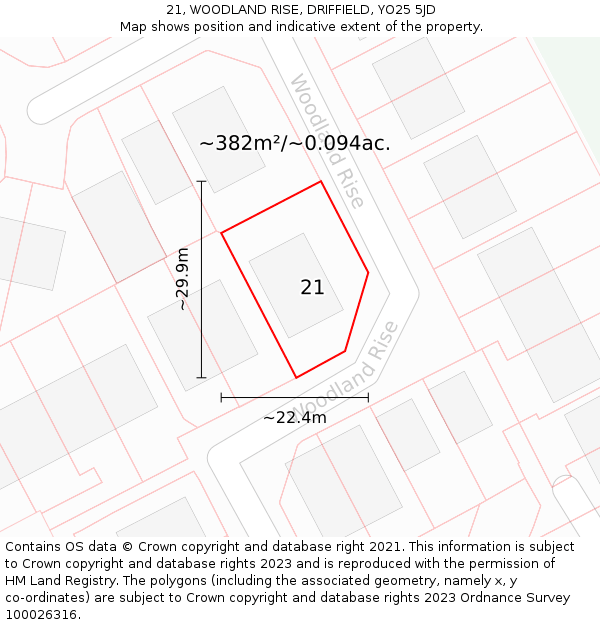 21, WOODLAND RISE, DRIFFIELD, YO25 5JD: Plot and title map