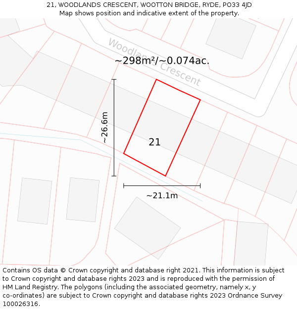 21, WOODLANDS CRESCENT, WOOTTON BRIDGE, RYDE, PO33 4JD: Plot and title map