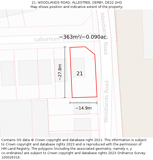 21, WOODLANDS ROAD, ALLESTREE, DERBY, DE22 2HG: Plot and title map