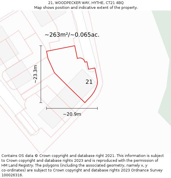 21, WOODPECKER WAY, HYTHE, CT21 4BQ: Plot and title map