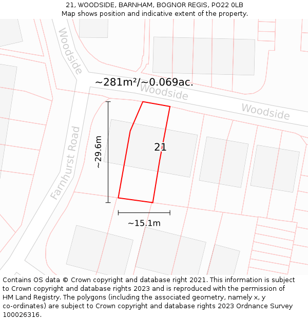 21, WOODSIDE, BARNHAM, BOGNOR REGIS, PO22 0LB: Plot and title map