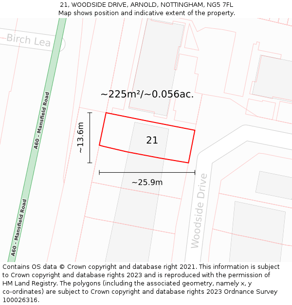 21, WOODSIDE DRIVE, ARNOLD, NOTTINGHAM, NG5 7FL: Plot and title map