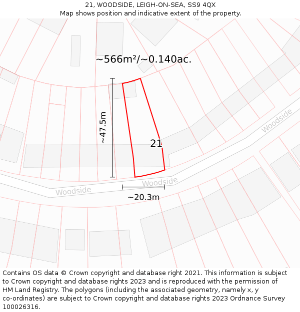 21, WOODSIDE, LEIGH-ON-SEA, SS9 4QX: Plot and title map