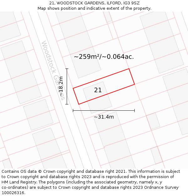 21, WOODSTOCK GARDENS, ILFORD, IG3 9SZ: Plot and title map