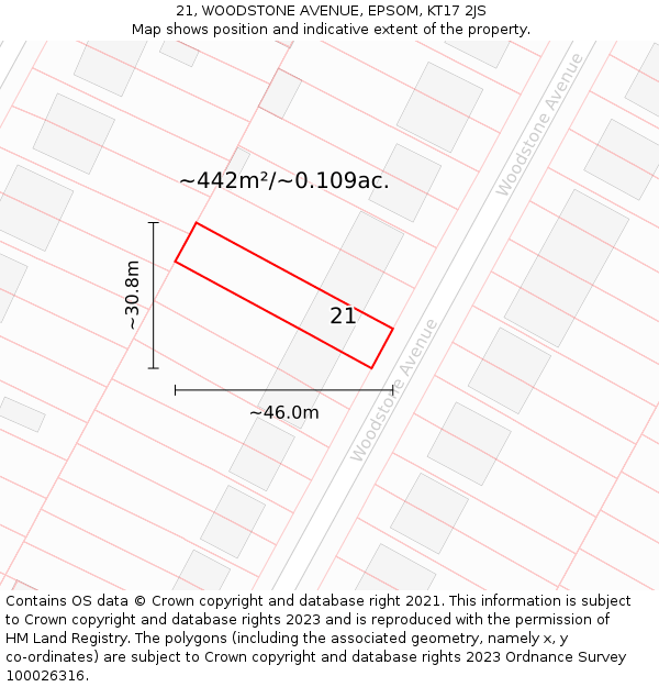 21, WOODSTONE AVENUE, EPSOM, KT17 2JS: Plot and title map