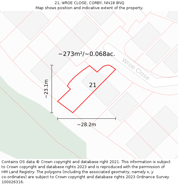 21, WROE CLOSE, CORBY, NN18 8NQ: Plot and title map