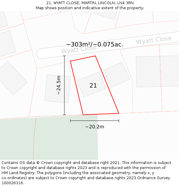 21, WYATT CLOSE, MARTIN, LINCOLN, LN4 3RN: Plot and title map