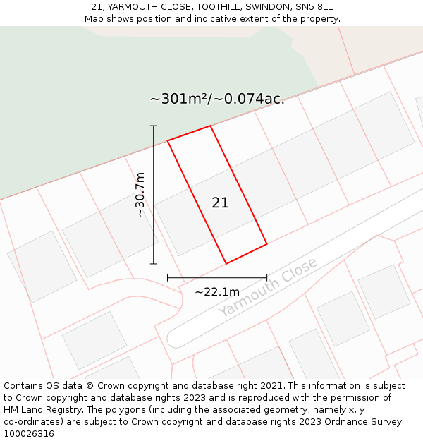 21, YARMOUTH CLOSE, TOOTHILL, SWINDON, SN5 8LL: Plot and title map
