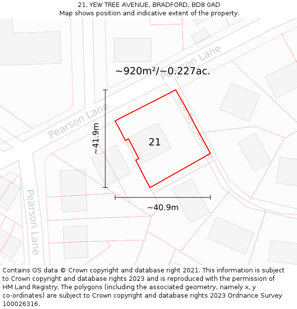 21, YEW TREE AVENUE, BRADFORD, BD8 0AD: Plot and title map