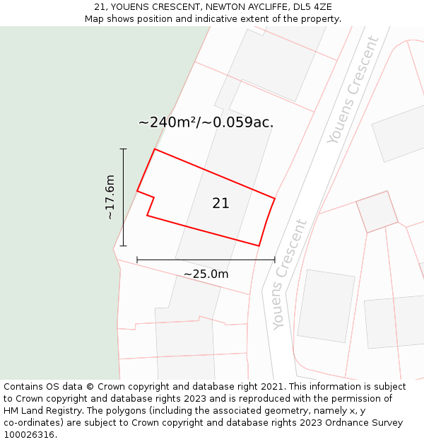 21, YOUENS CRESCENT, NEWTON AYCLIFFE, DL5 4ZE: Plot and title map