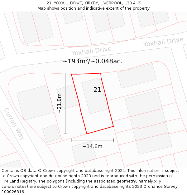 21, YOXALL DRIVE, KIRKBY, LIVERPOOL, L33 4HS: Plot and title map