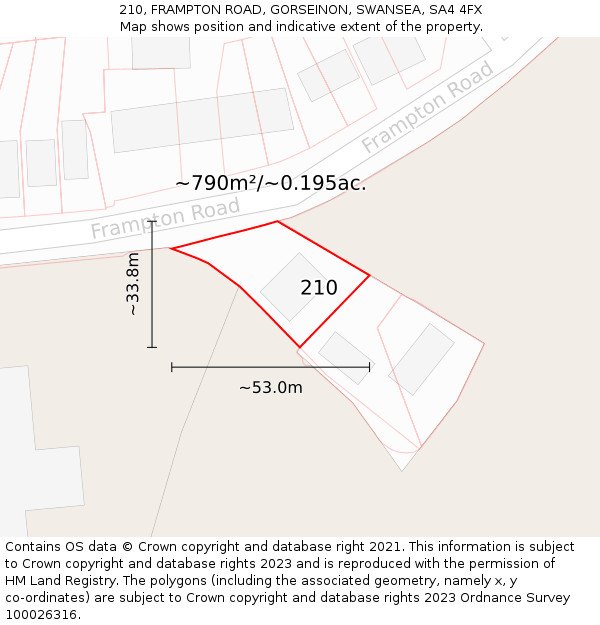 210, FRAMPTON ROAD, GORSEINON, SWANSEA, SA4 4FX: Plot and title map