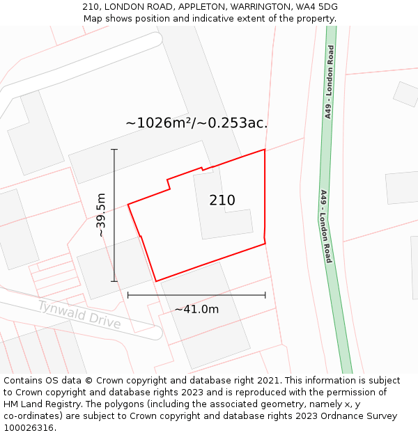 210, LONDON ROAD, APPLETON, WARRINGTON, WA4 5DG: Plot and title map