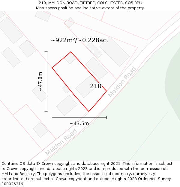 210, MALDON ROAD, TIPTREE, COLCHESTER, CO5 0PU: Plot and title map