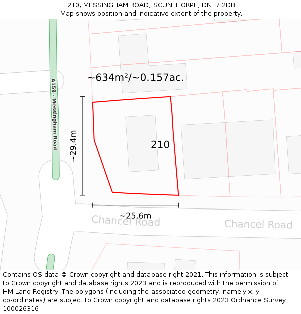 210, MESSINGHAM ROAD, SCUNTHORPE, DN17 2DB: Plot and title map