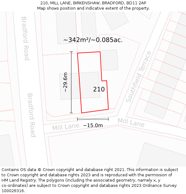 210, MILL LANE, BIRKENSHAW, BRADFORD, BD11 2AP: Plot and title map