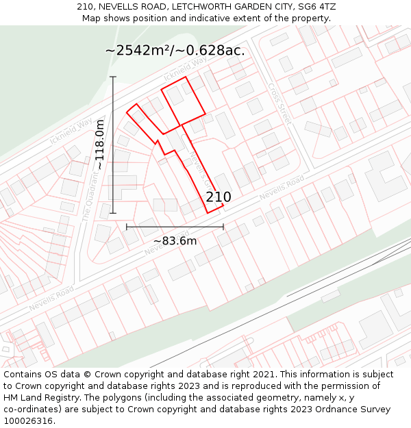 210, NEVELLS ROAD, LETCHWORTH GARDEN CITY, SG6 4TZ: Plot and title map