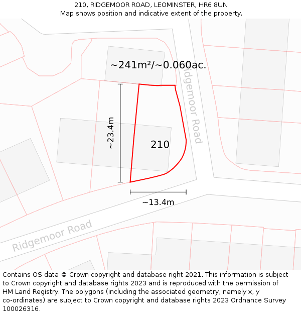 210, RIDGEMOOR ROAD, LEOMINSTER, HR6 8UN: Plot and title map