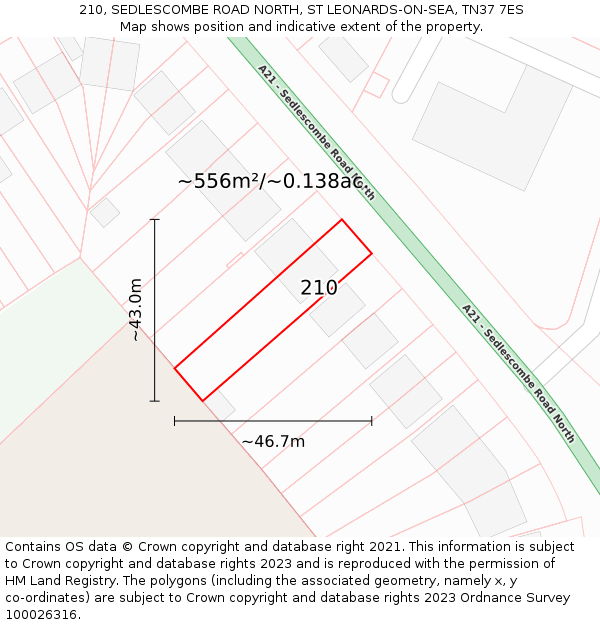 210, SEDLESCOMBE ROAD NORTH, ST LEONARDS-ON-SEA, TN37 7ES: Plot and title map