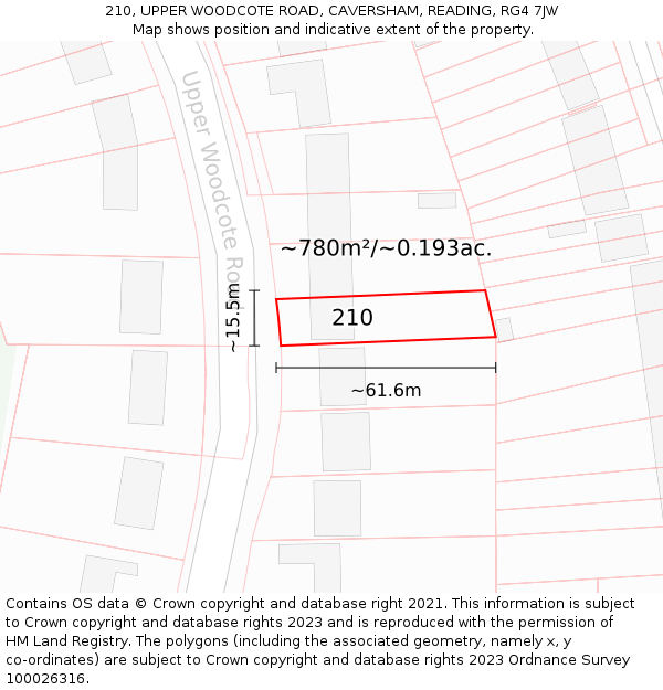 210, UPPER WOODCOTE ROAD, CAVERSHAM, READING, RG4 7JW: Plot and title map