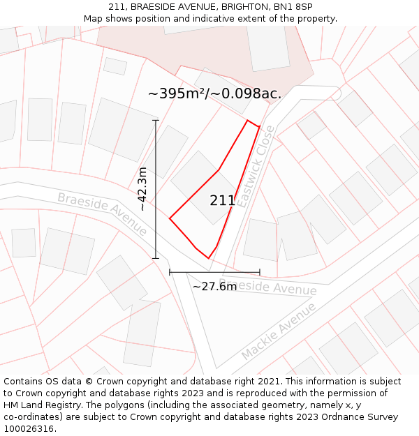 211, BRAESIDE AVENUE, BRIGHTON, BN1 8SP: Plot and title map