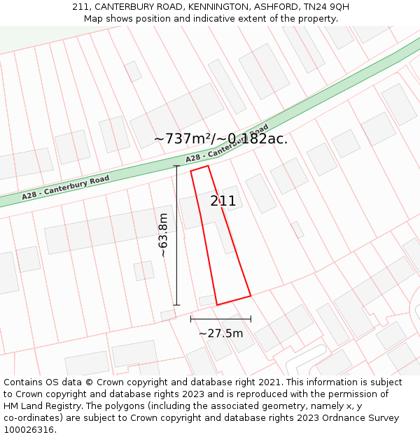 211, CANTERBURY ROAD, KENNINGTON, ASHFORD, TN24 9QH: Plot and title map