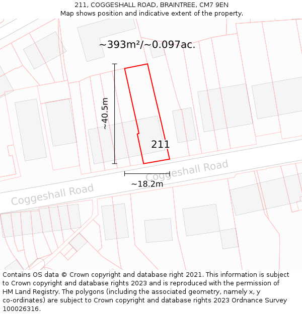 211, COGGESHALL ROAD, BRAINTREE, CM7 9EN: Plot and title map