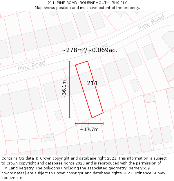 211, PINE ROAD, BOURNEMOUTH, BH9 1LY: Plot and title map