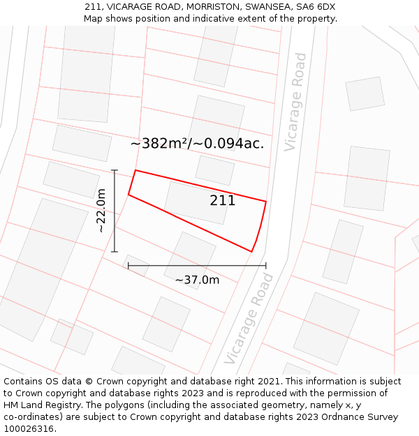 211, VICARAGE ROAD, MORRISTON, SWANSEA, SA6 6DX: Plot and title map