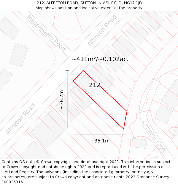 212, ALFRETON ROAD, SUTTON-IN-ASHFIELD, NG17 1JB: Plot and title map