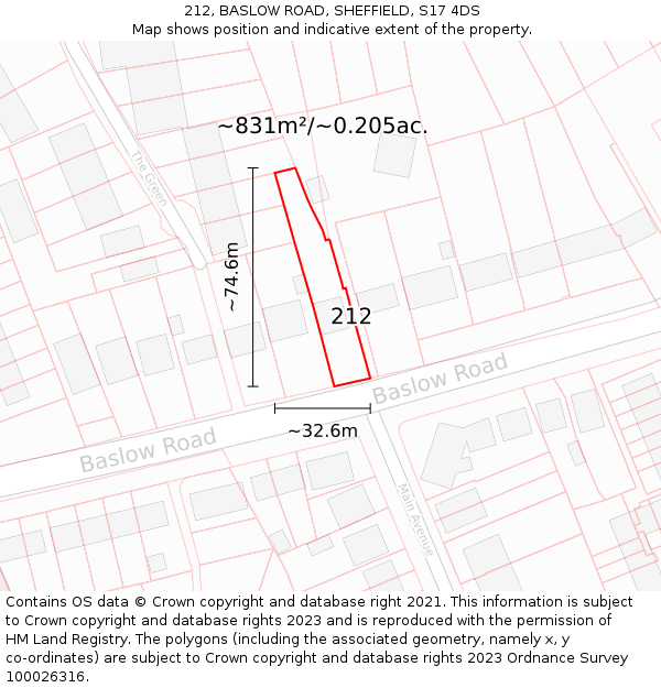 212, BASLOW ROAD, SHEFFIELD, S17 4DS: Plot and title map