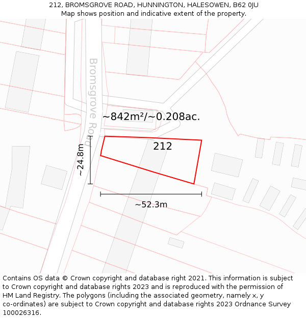 212, BROMSGROVE ROAD, HUNNINGTON, HALESOWEN, B62 0JU: Plot and title map