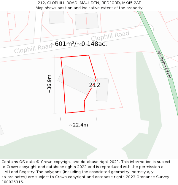 212, CLOPHILL ROAD, MAULDEN, BEDFORD, MK45 2AF: Plot and title map