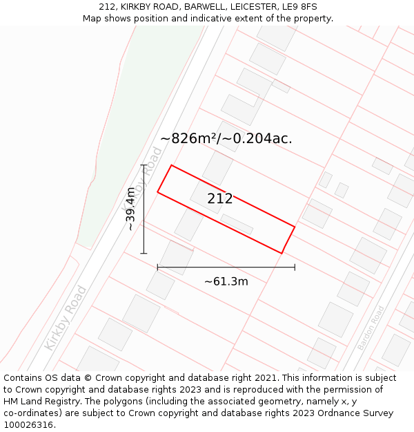 212, KIRKBY ROAD, BARWELL, LEICESTER, LE9 8FS: Plot and title map